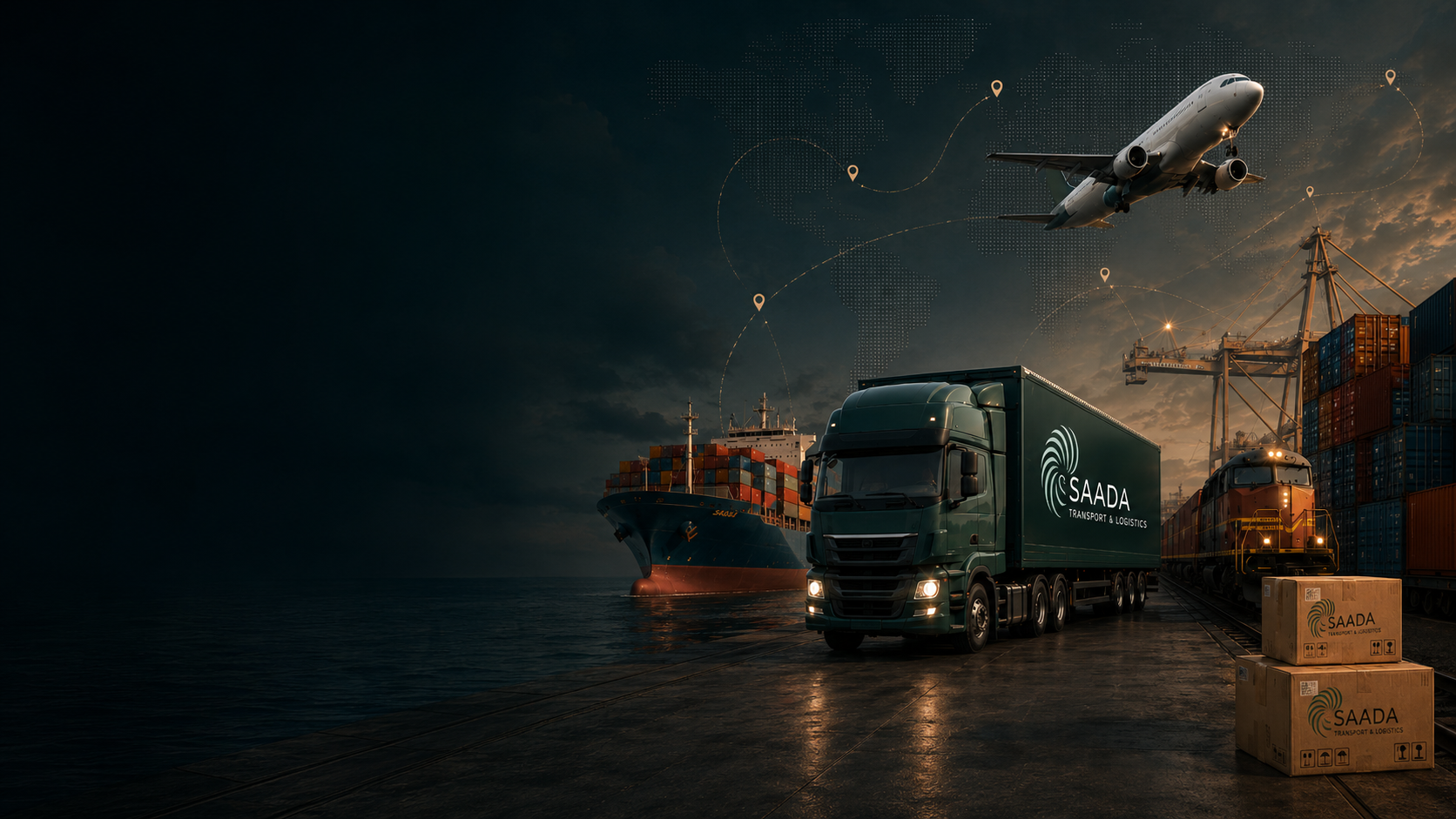 Логистическая сцена Saada Logistics: авиа, авто, морские и железнодорожные перевозки