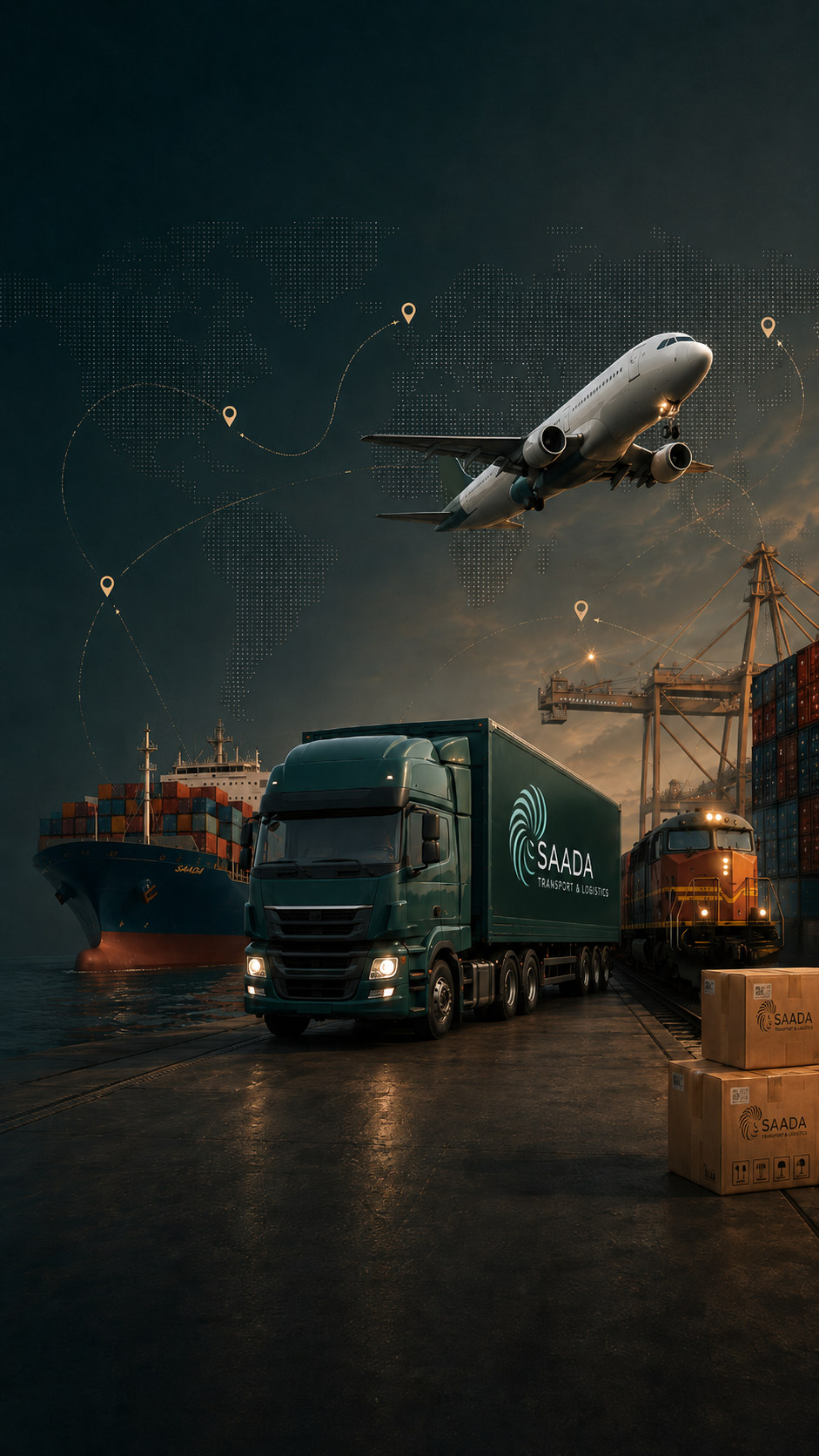 Логистическая сцена Saada Logistics: авиа, авто, морские и железнодорожные перевозки